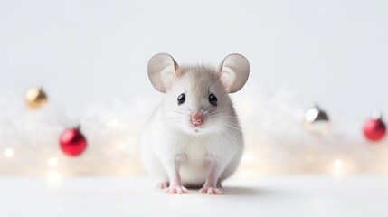  a white mouse sitting in front of a white background with red and gold ornaments on it's sides and a white background with red and gold ornaments on it's sides.