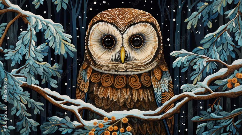 Poster a painting of an owl sitting on a branch of a tree with snow falling down on it's branches.