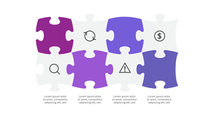 Puzzle infographic with 4 elements, presentations, vector illustration. Template for web.