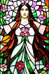 The mysterious woman within the mesmerizing hues of stained glass, her long locks whispering untold tales of ancient whispers