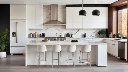 A sleek, modern kitchen with stainless steel appliances, white cabinetry, and a marble island. Generative AI