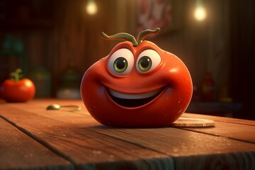 Super cartoony happy tomato veggie. Red ripe vegetable with delighted face on wooden table. Generate ai