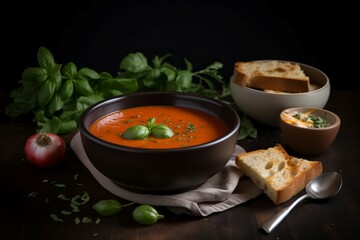 Vegetarian tomato basil soup bowl. Vegan gourmet mashed red soup dish. Generate ai