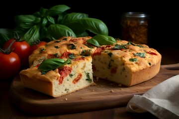 Sliced round focaccia with tomatoes and basil. Vegetarian baked traditional Italian bread. Generate ai