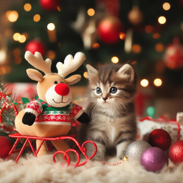 Portrait of a cute striped kitten in a hat on the background of a Christmas tree. Pet kittens for the New Year Christmas. Generative AI.