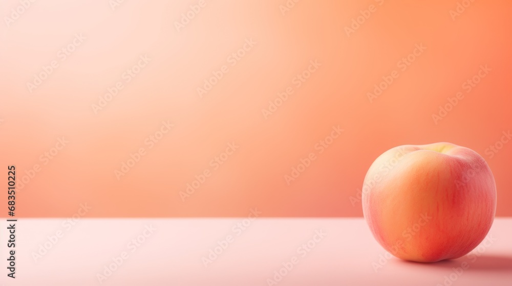 Poster an apple sitting on top of a table next to a light orange and pink colored background with a shadow 