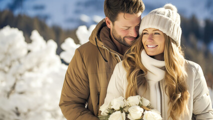 Smiling couple in winter clothes affectionately cuddle, with the woman holding white roses, against a snowy background. Concept of love, dating and Valentine's sentiment