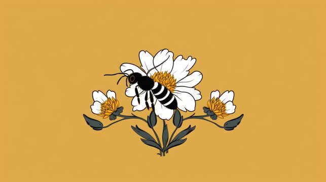  a bee sitting on top of a white flower on a yellow background with a black outline in the center of the image.