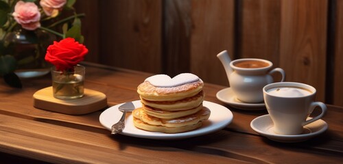 Obraz na płótnie Canvas A kitchen with heart-shaped pancake stacks and a latte with a heart-shaped foam design.