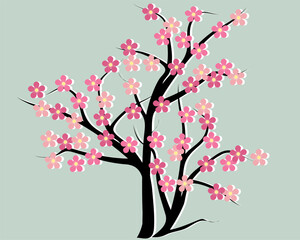 A tree with pink flowers on a gray background. Vector illustration for cover design, greeting card, wallpaper, textile