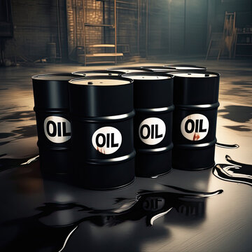 black oil barrels with crude sign spill oil on the floor, industry concept, Generative ai	