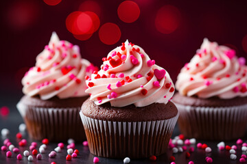 Chocolate cupcakes with pink frosting and heart-shaped sprinkles. Perfect for romantic posters, banners, or backdrops. Valentine's Day festive ambiance