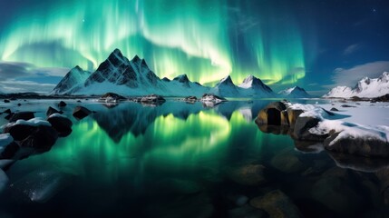  the aurora bore is reflected in the still water of a lake surrounded by snow covered mountains and snow - capped rocks.