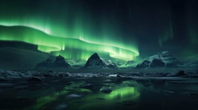  a green aurora bore over a mountain range with a lake in the foreground and snow covered mountains in the background.