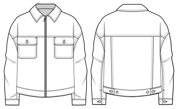 Drop Shoulder Zip Up Denim Jacket Fashion Flat Sketch Vector Illustration, CAD, Technical Drawing, Flat Drawing, Template, Mockup.