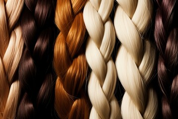 Diversity of colorful hair braids. Long hair with different shades interlaced strands. Generate ai - obrazy, fototapety, plakaty