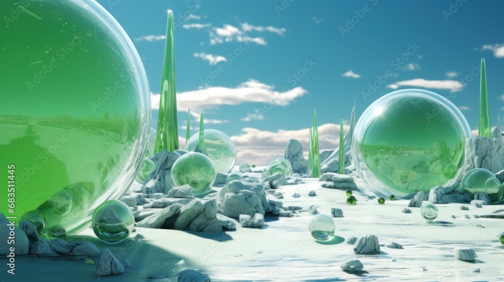 Poster a computer generated image of a landscape with green and white orbs in the middle of a snow - covere