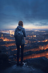 Fototapeta na wymiar Back view, girl traveler standing on a rise above a large populated night illuminated city with a backpack. Creative concept of big possibilities of big city, tourism and traveling.