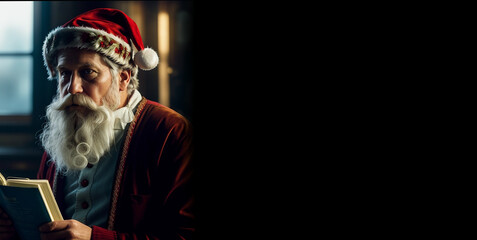 Image of Santa Claus in red costume against dark background. Generative AI.