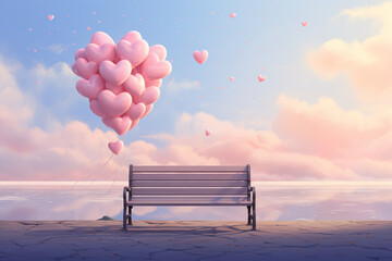 Heart-shaped balloons attached to a park bench in a dreamy pastel sky setting. Whimsical and...