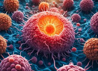 An illustration representing a cell affected by cancer, or a tumor. 