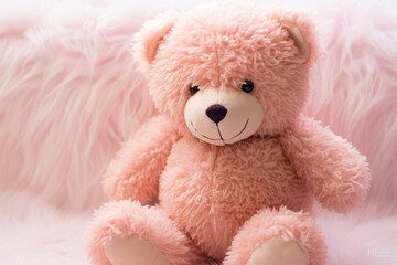 Fluffy pink teddy bear on a soft, plush background. Charming and cute ambiance. Valentine's Day celebration. Suitable for romantic poster, greetings, invitations