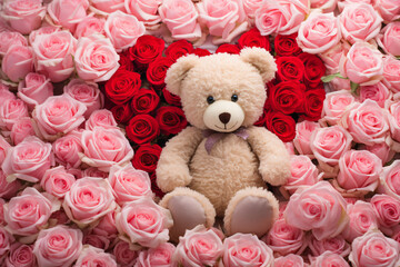 Soft teddy bear seated amidst a bed of pink and red roses. Sweet and tender gift concept. Valentine's Day composition. Suitable for romantic poster, banner, or backdrop