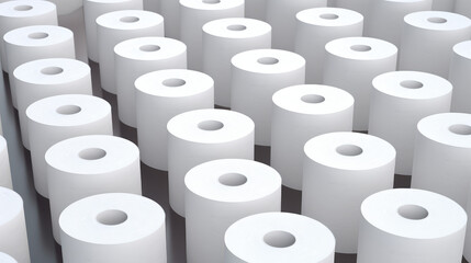 Wallpaper with lots of toilet paper in rolls, creative concept of toilet paper crisis and shortage of goods due to public frenzy.