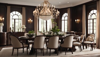 An elegant, traditional dining room with dark wood furniture and classic chandeliers. Generative AI