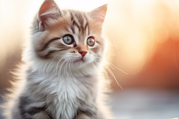 Obraz premium Adorable striped kitten with mesmerizing eyes in the golden glow of a sun. Blurred nature background. Suitable for promotions, posters, or banners