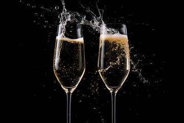 Toasting champagne glasses with dynamic splash on dark background. Celebration and elegance concept. New Year and Valentine's Day celebration. Design for greeting card, festive event poster, or banner