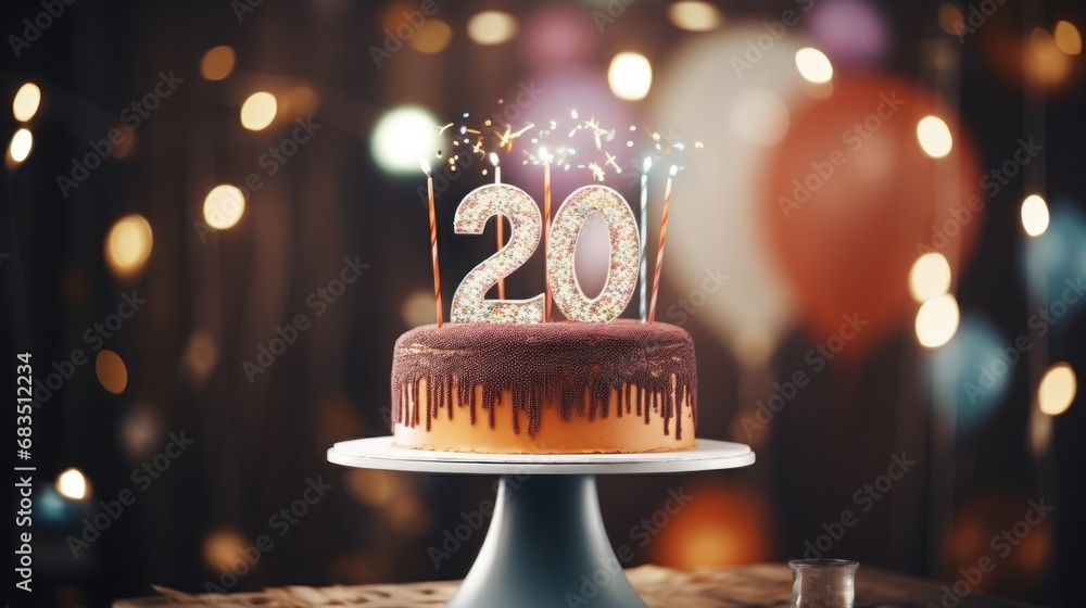Poster  a close up of a cake on a table with a lot of lights in the background and a number 20 on top of it.