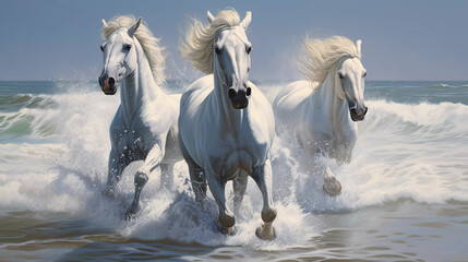 Obraz na płótnie Canvas Hyper realistic White horses galloping on the beach