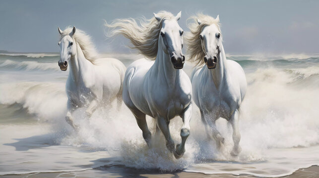 Hyper realistic White horses galloping on the beach