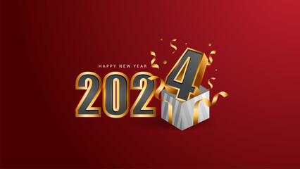 Happy New Year 2024 vector illustration with gift box and 3d typography