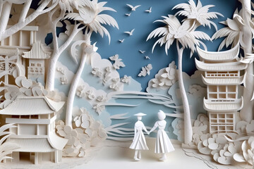 Fototapeta premium papercut quilling chinese style holiday vacation. the family with their backs to the camera.Happy family enjoying together on beach on holiday vacation, Generative AI