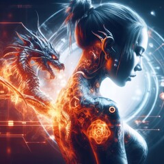 Fantastic portrait of a girl in cyberpunk style with cybernetic implants and dragon tattoos generated by artificial intelligence - 683513267