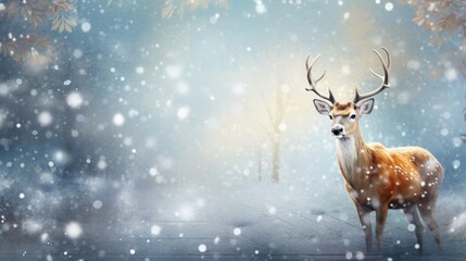  a painting of a deer standing in the snow with trees and snow flakes on the ground in the background.