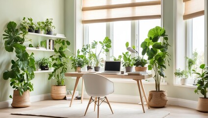 Fototapeta na wymiar A bright, airy home office with a large window, a simple desk, and green plants. Generative AI