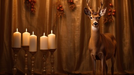  a deer standing in front of candles in front of a wall with a deer head on it's side.