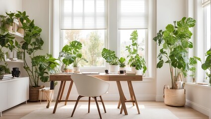 A bright, airy home office with a large window, a simple desk, and green plants. Generative AI