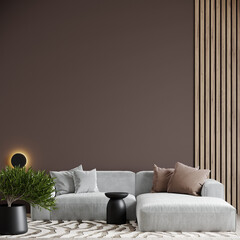Livingroom or reception room with accent trend modern gray sofa. Small black coffee table. Empty wall background for art paint in dark brown chocolate color. Premium lounge interior design. 3d render