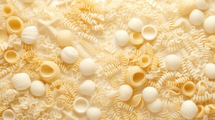  macaroni shells and shells are arranged in a pattern on a white surface, as well as a yellow background.