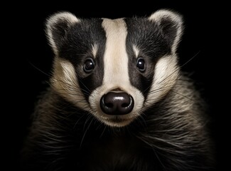Close-up portrait of a badger, showcasing its detailed fur and distinctive facial markings, isolated on a black background.