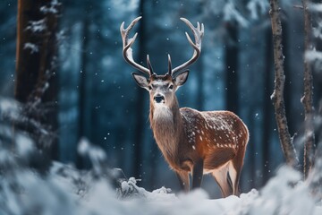 Naklejka na ściany i meble Beautiful deer Against the backdrop of a beautiful winter forest