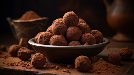  a bowl of chocolate truffles sitting on a table next to a bowl of powdered chocolate truffles.