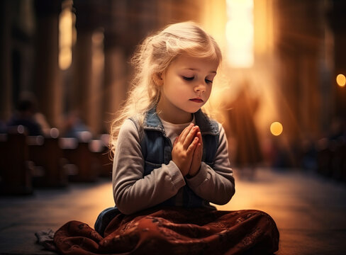 Little caucasian girl with praying at christ church. Child closed her eyes, praying to peace with through prayer. Concept of interaction scripture bible and kid, people hope and dreams.