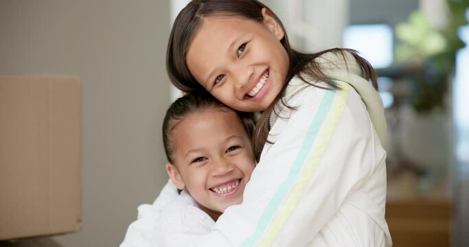 Sisters, face and smile with hug for love, house and care bonding in childhood as siblings with wellness support. Children, portrait and happy in embrace with gratitude, happiness together in home