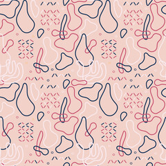 Abstract seamless pattern with shapes, on pink background.
