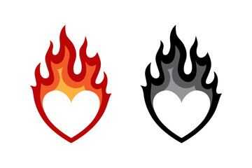 Heart on fire flat illustration, logo, icon or tattoo. Symbol of love and passion.